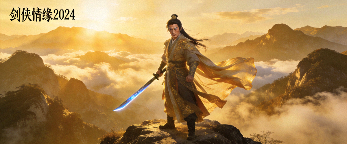 2024热播古装武侠电视剧《剑侠情缘》剧照，主角持剑立于山巅