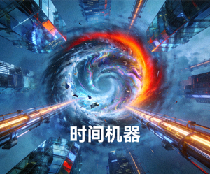 科幻电影《时间机器》概念图，未来城市与时间漩涡